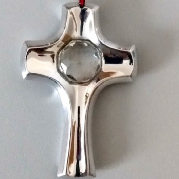 Nambe Silver Tone Cross With Crystal Ornament - Picture 1 of 15
